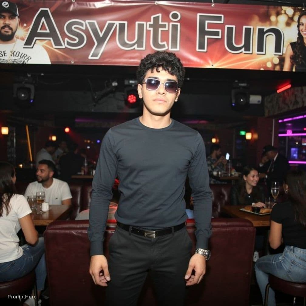 AI generated: picture of the guy below in a tight lingerie in a club with a banner that says "Asyuti Fun"
