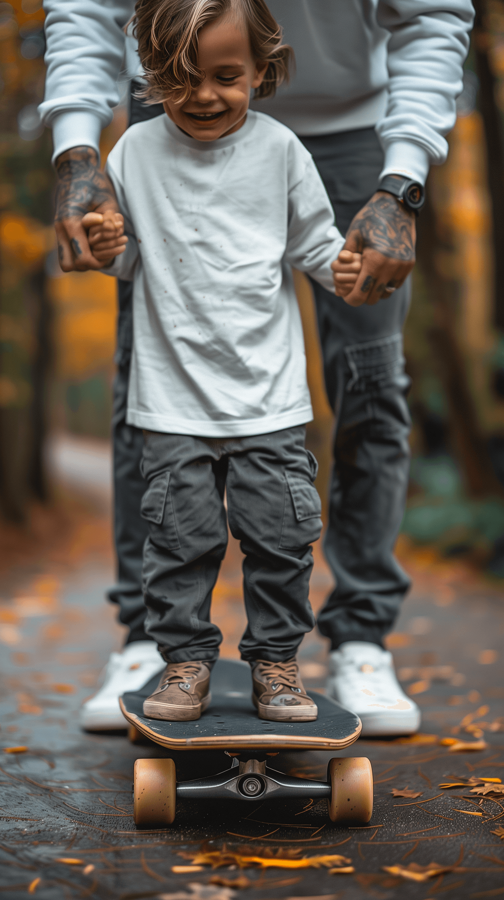 AI generated: photography, candid shot, a boy and dad, beaming with a wide grin, stands on a skateboard, boy weari...