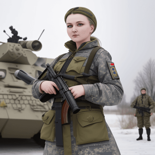 AI generated: A beautiful Ukrainian woman, in a military dress, with a modern rifle in her hands, aiming to shoot