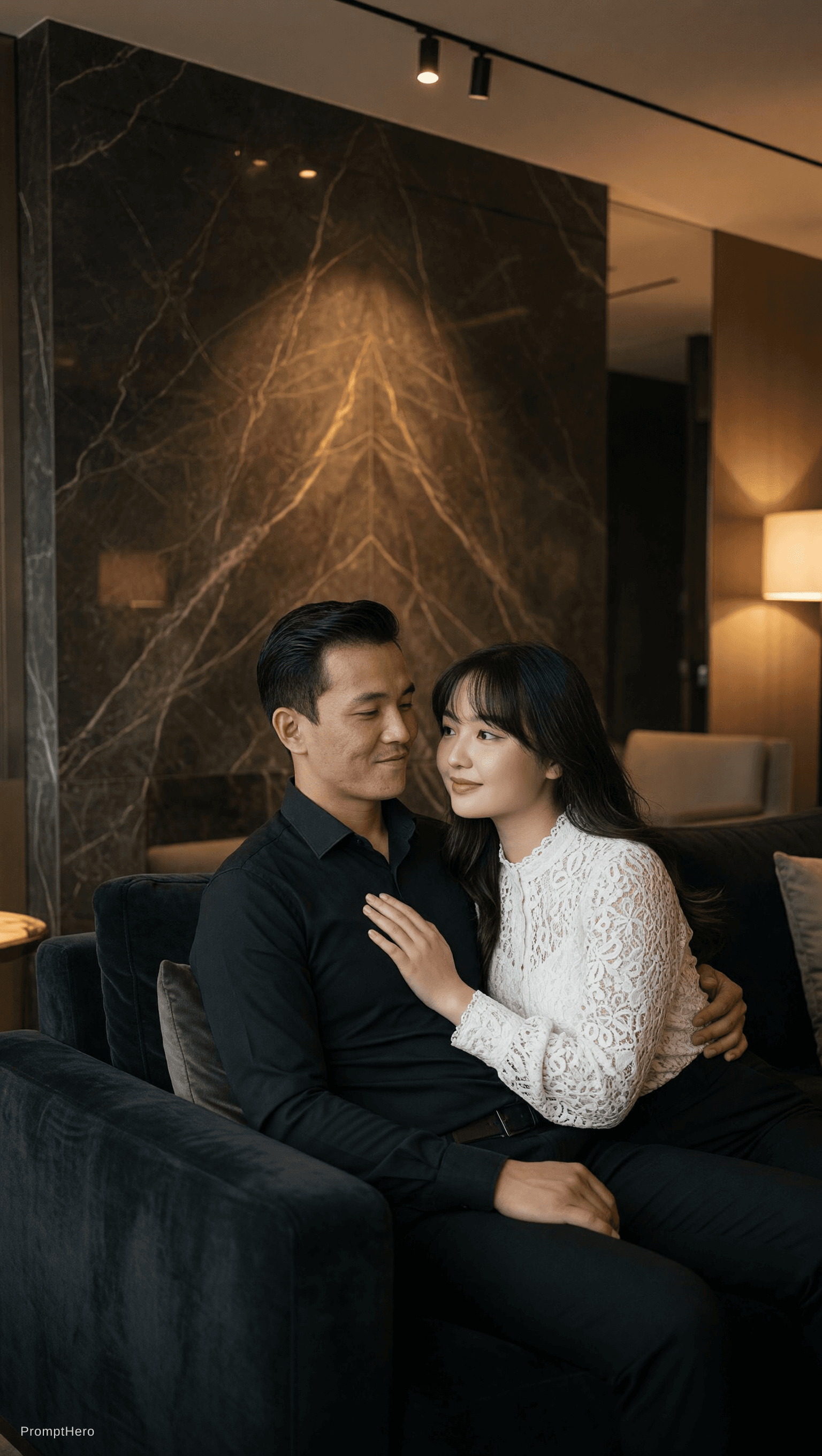 AI generated: FULL PROMPT:
Ultra-realistic intimate couple portrait, vertical 9:16.
Scene: Modern sophisticated ap...