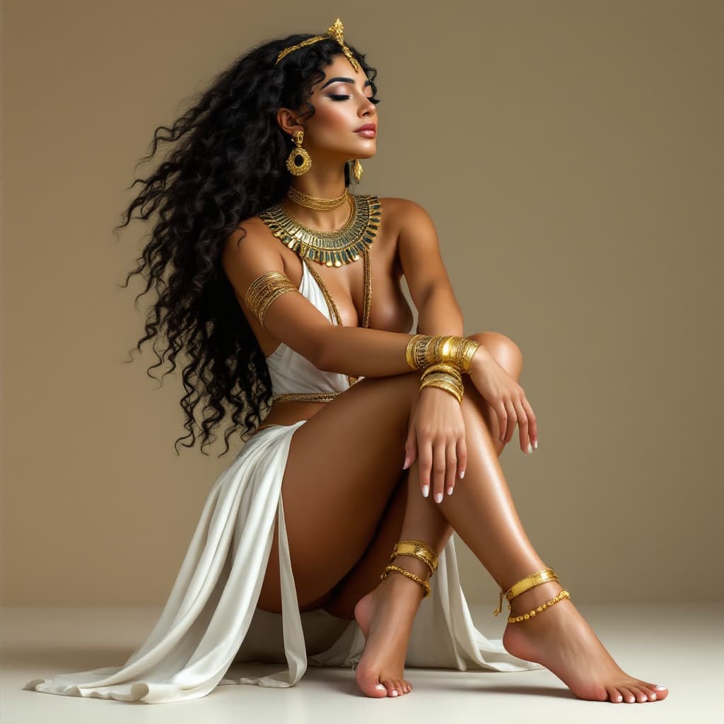 AI generated: A beautiful ancient Egyptian goddess displaying beauty wearing gold jewellery and curly black hair s...