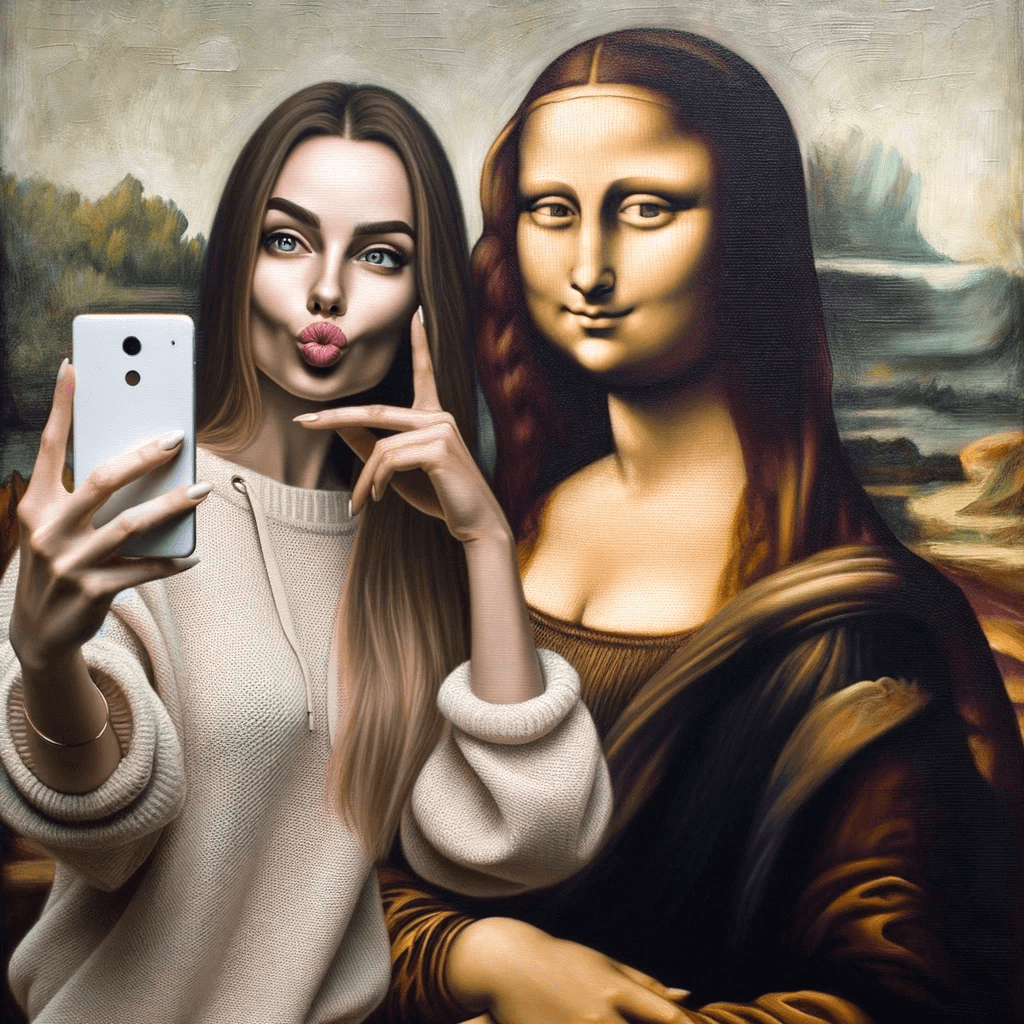 AI generated: An oil painting that blends the traditional 'Mona Lisa' with modernity. A female model joins Mona in...