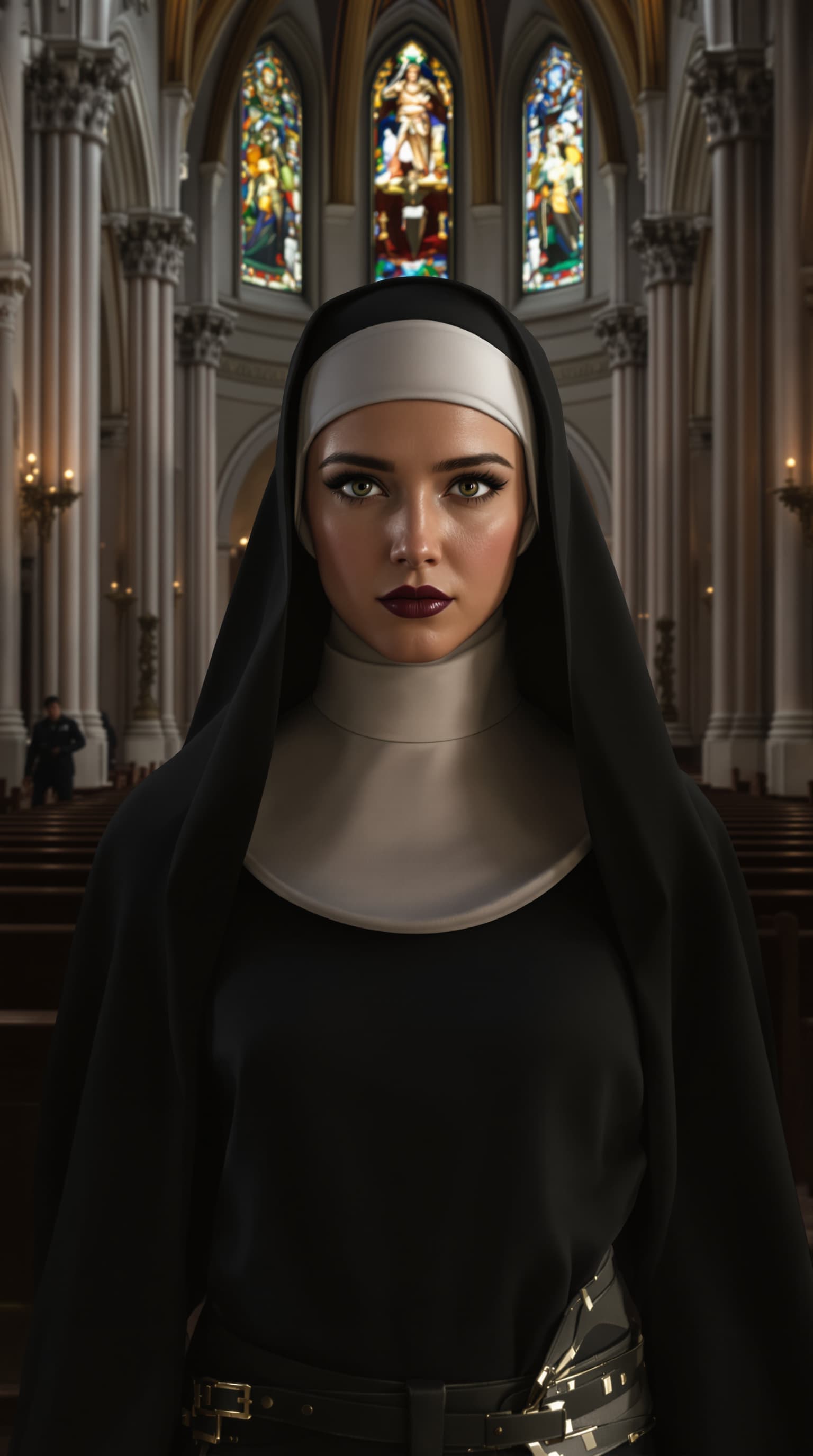 AI generated: A hyper-realistic depiction of a twenty-two old Kristina Tonteri-Young playing the role of Sister Be...