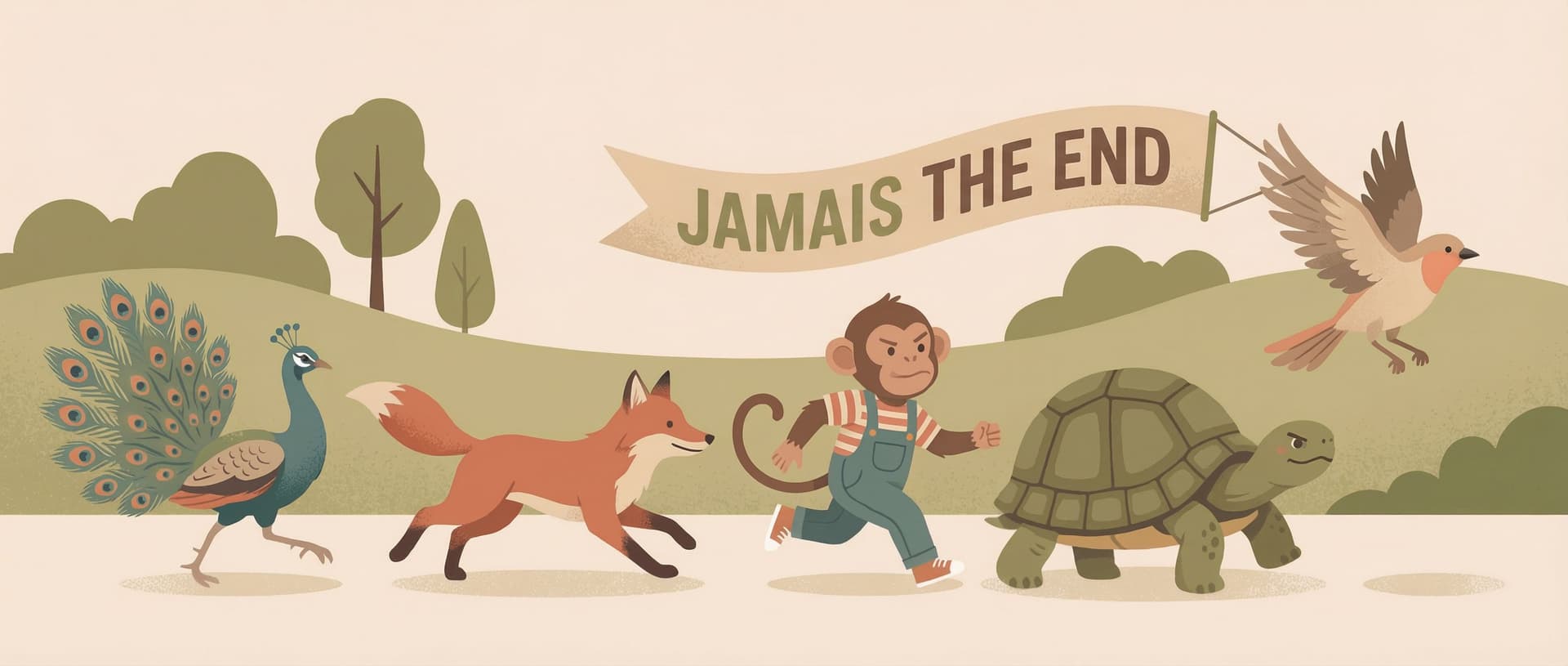 AI generated: flat vector illustration of animals running in a line from right to left, peacock chasing fox chasin...