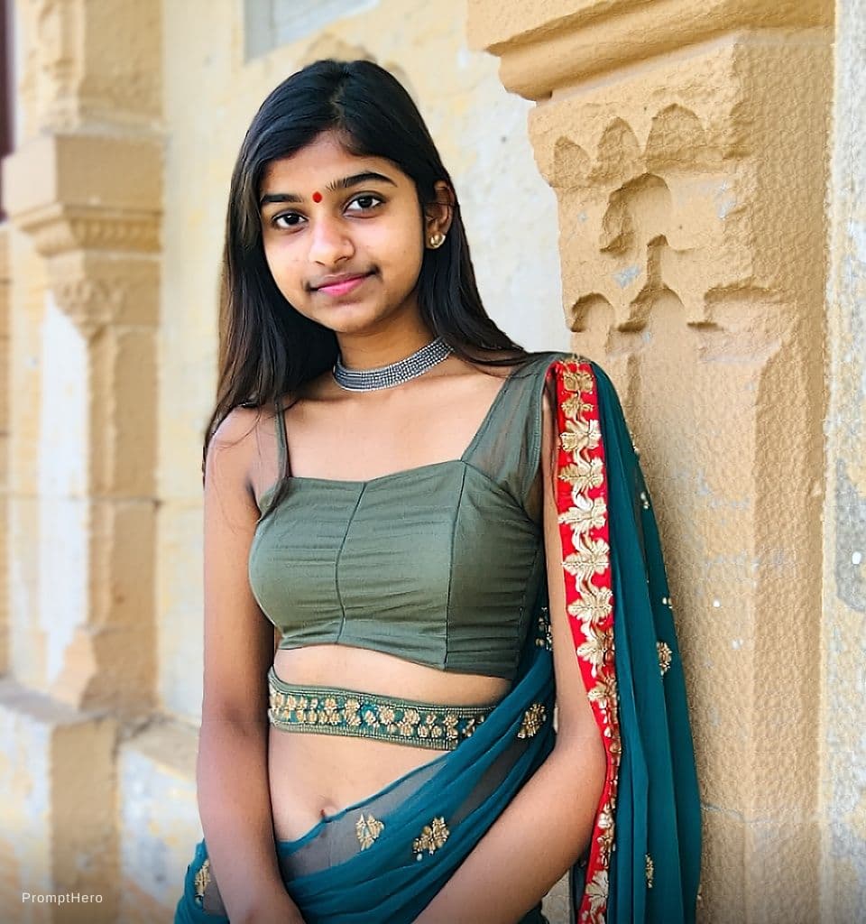 AI generated: A girl 18 year old Indian girl with 36 waist 40 hip chest 36 in one piece dress 