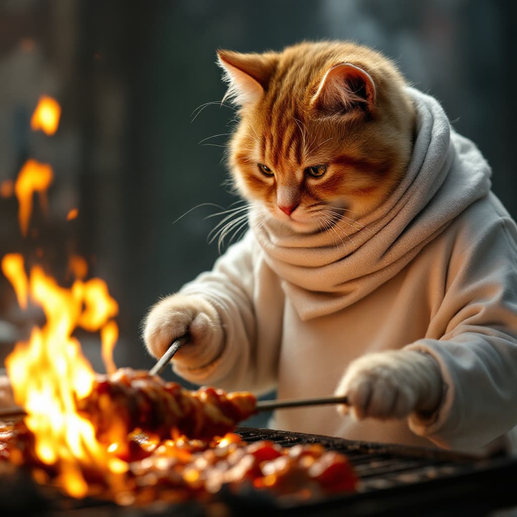AI generated: Dramatic photo, panorama, full body, anthropomorphic real cute creamy cat, wearing old white sweatsh...
