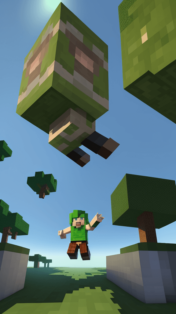 AI generated: 16k srgb 3d minecraft style character boy jumping up in the air, freeze frame caught in the jump, fe...