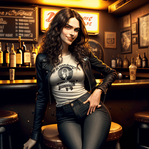 AI generated: Photorealistic tall, slender woman sitting on a bar stool in a relaxed posture at a dive bar. Long, ...