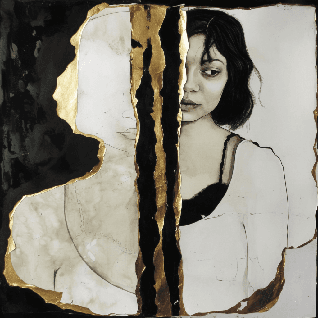 AI generated: split background drawn on porous paper in stylized watercolor ink, half on the left on with white ba...