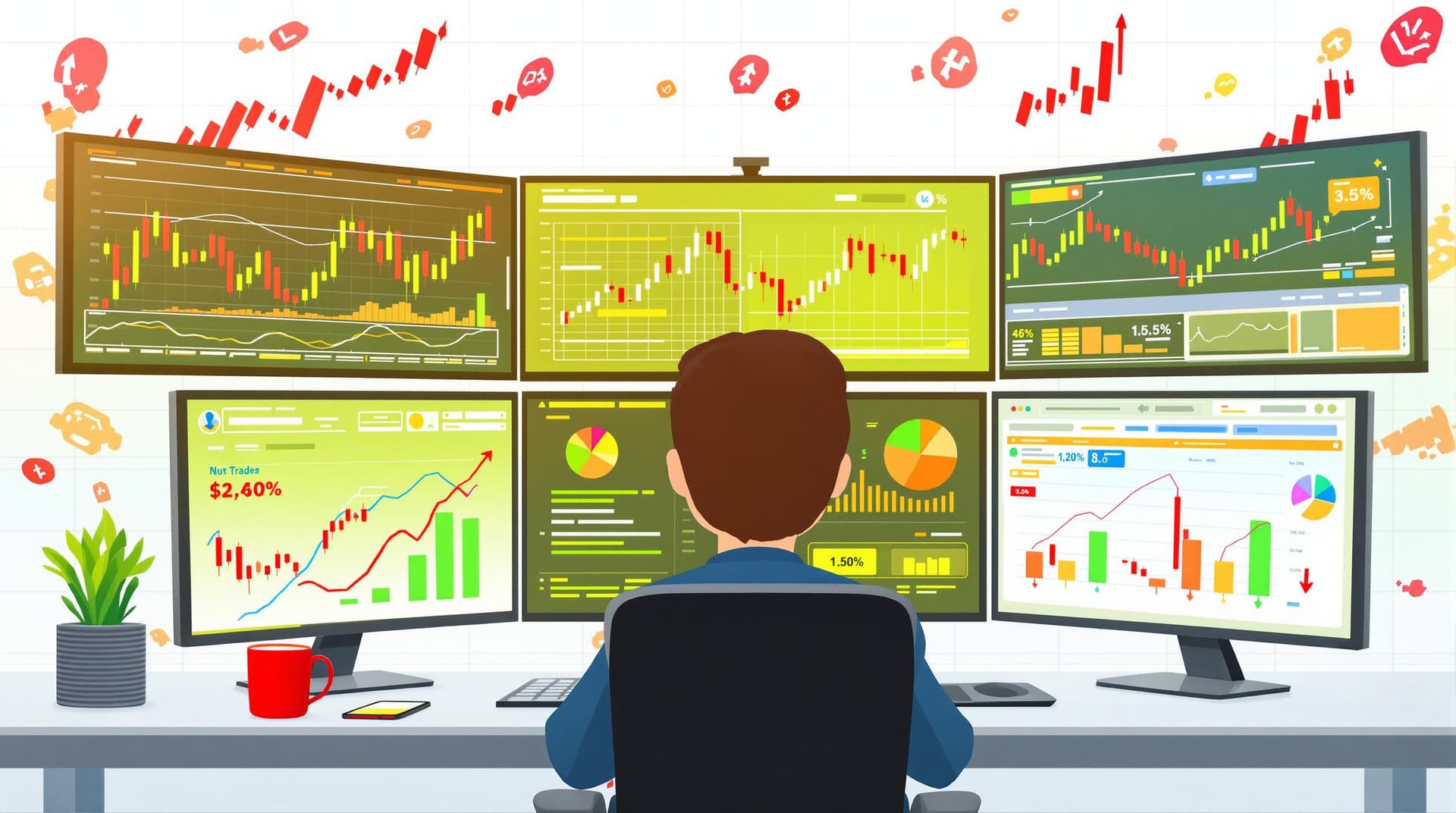 AI generated: An animated, digital illustration of a stock trader seen from behind, sitting at a desk in front of ...