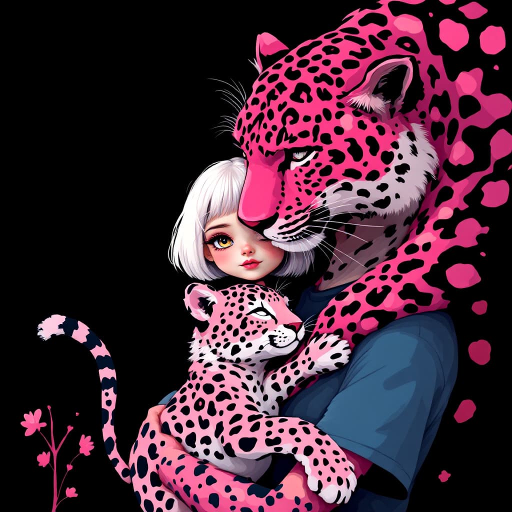 AI generated: whimsical cartoon of Disney,illustration of a rose-red leopard, pink and black, romantic comic, surr...