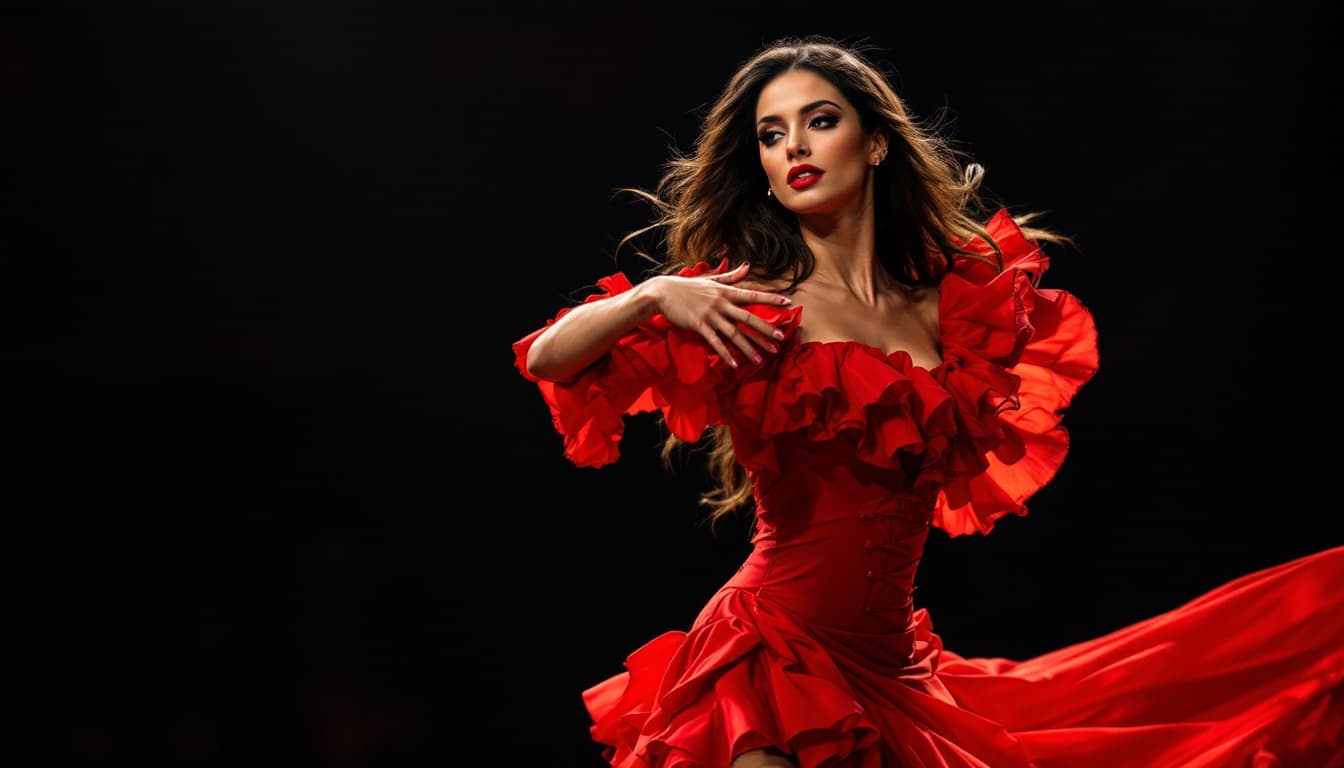 AI generated: A confident flamenco dancer wearing a fiery red dress with ruffled layers, dramatic lighting highlig...