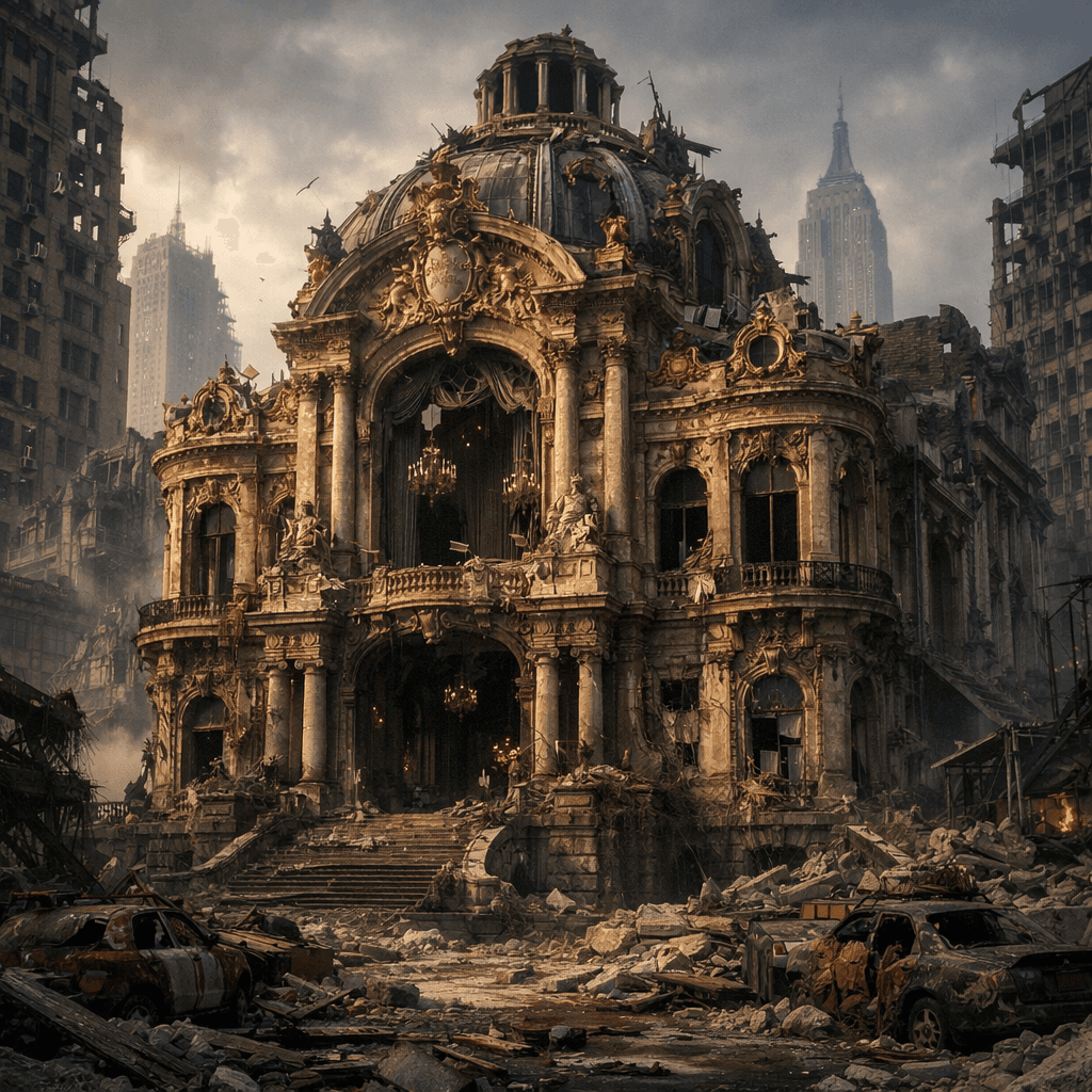 AI generated: Baroque rococo architecture, architectural photography, post apocalyptic New York, hyperrealism, hyp...