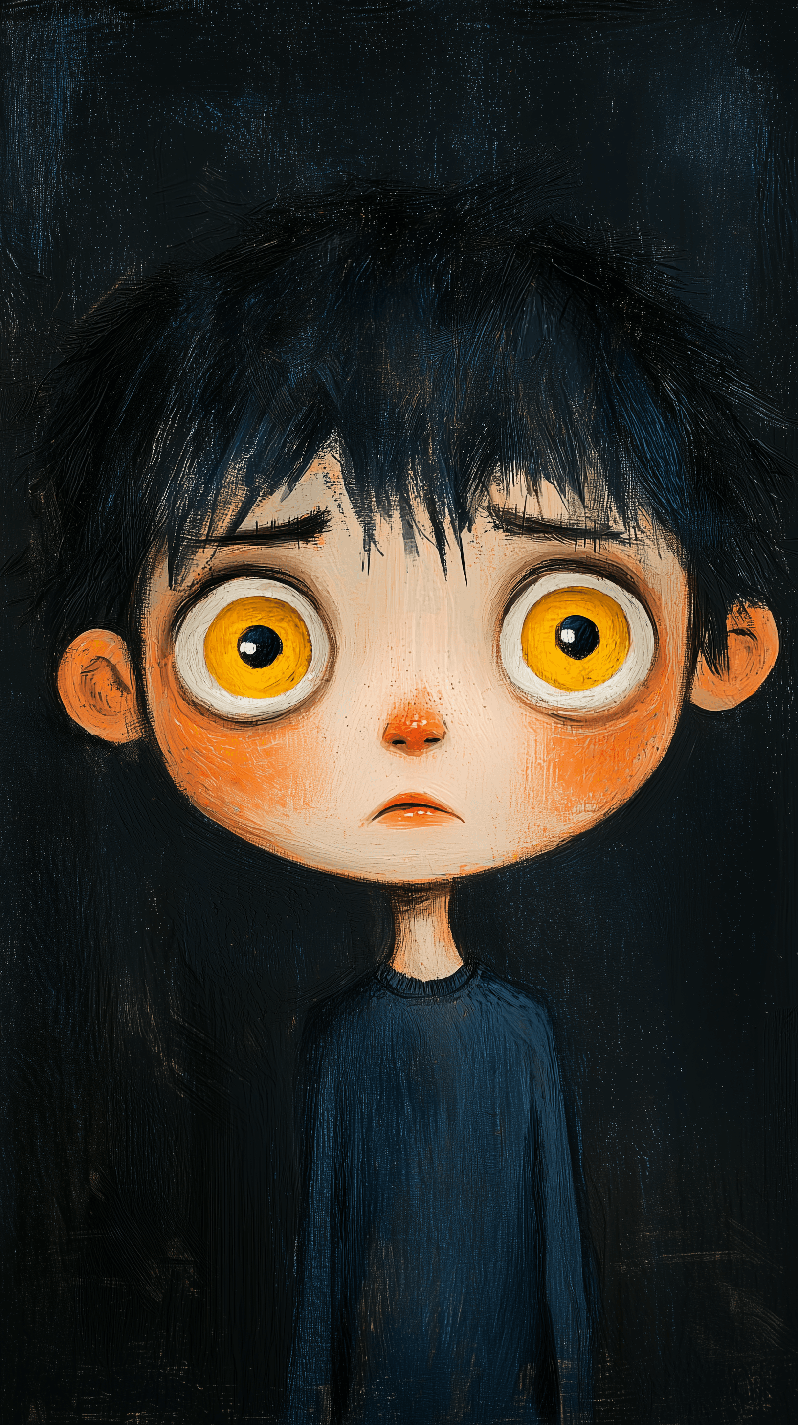 AI generated: crayon art style, little boy cute face, melancholic expression, big eyes, complementing his somber y...