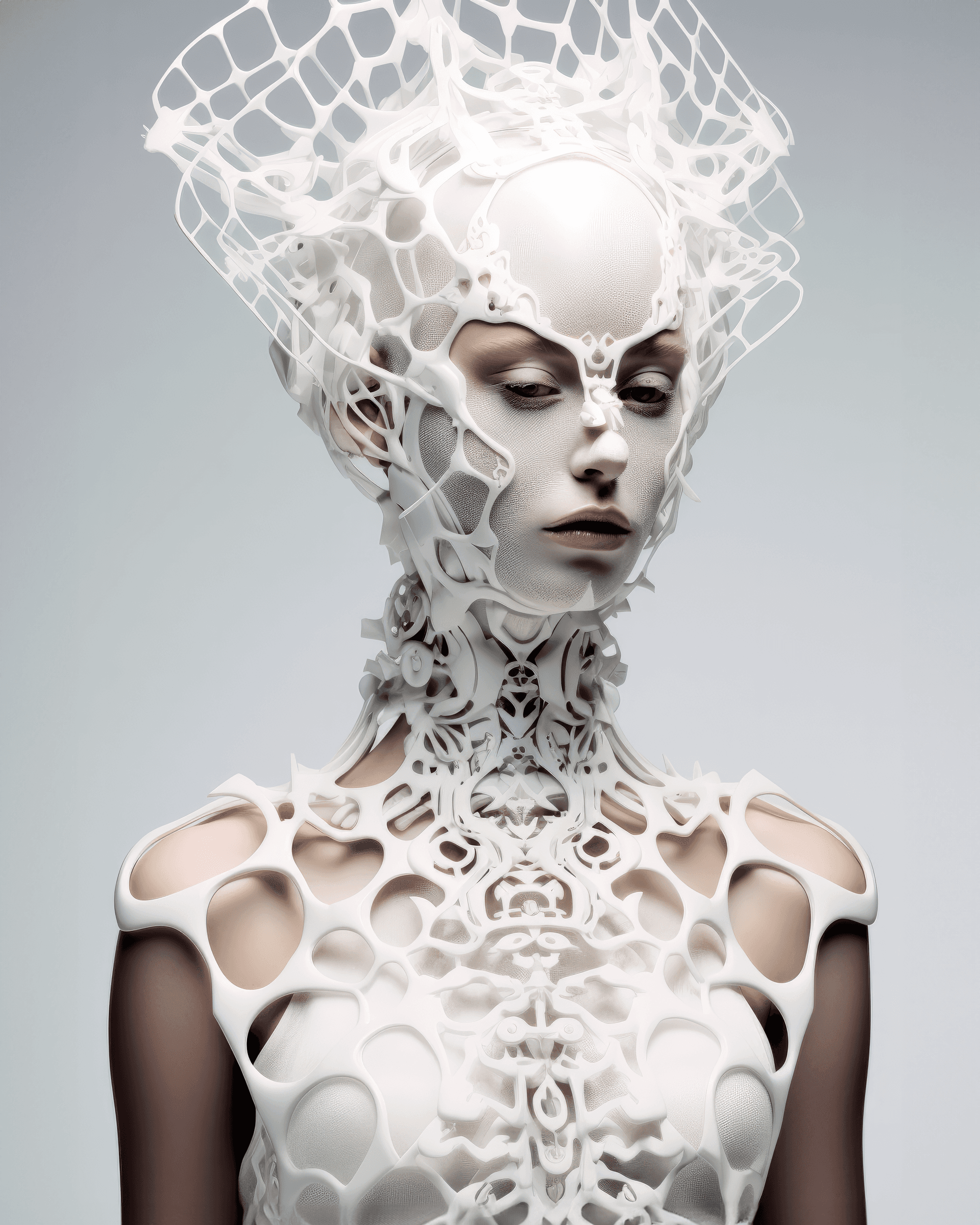 AI generated: a woman in some very elaborate white gown, in the style of robotic motifs, modern jewelry, intricate...