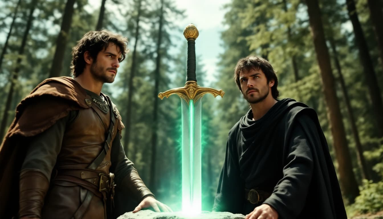 AI generated: a pivotal scene where King Arthur pulls the sword Excalibur from a stone. The man on the left has da...