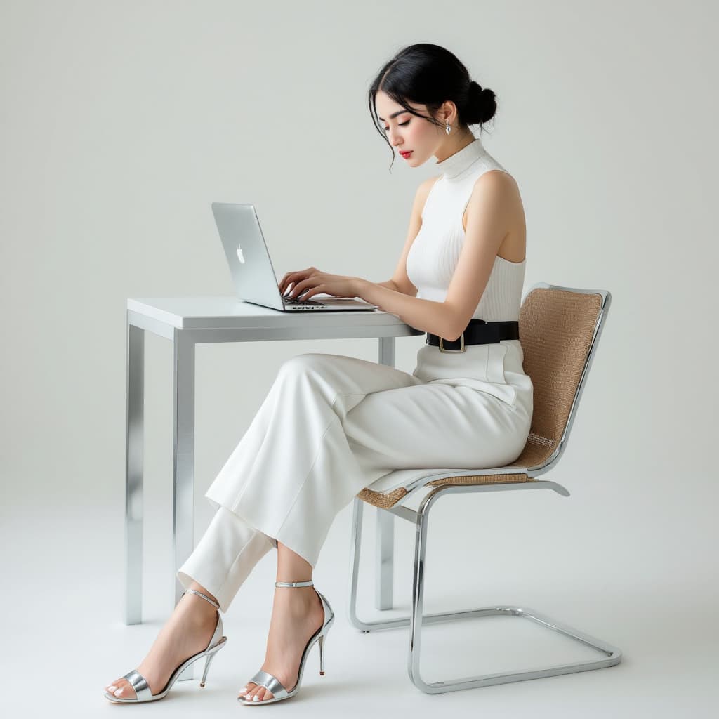 AI generated: create an image of a young Korean female model with black hair in a low bun like Bella Hadid, captur...