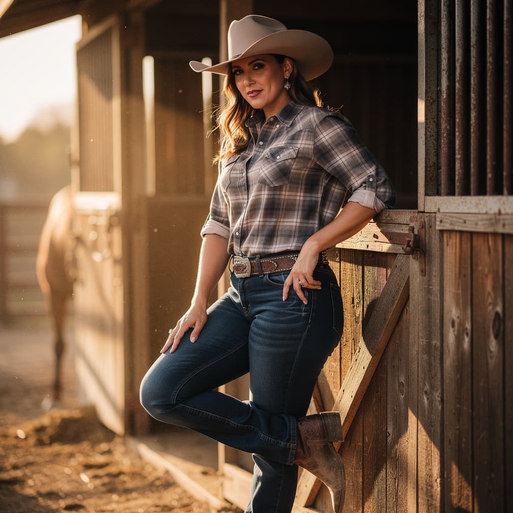 AI generated: leaning against a horse stable, thick cowgirl, wearing hip hugger jeans, flat tummy, (flannel button...