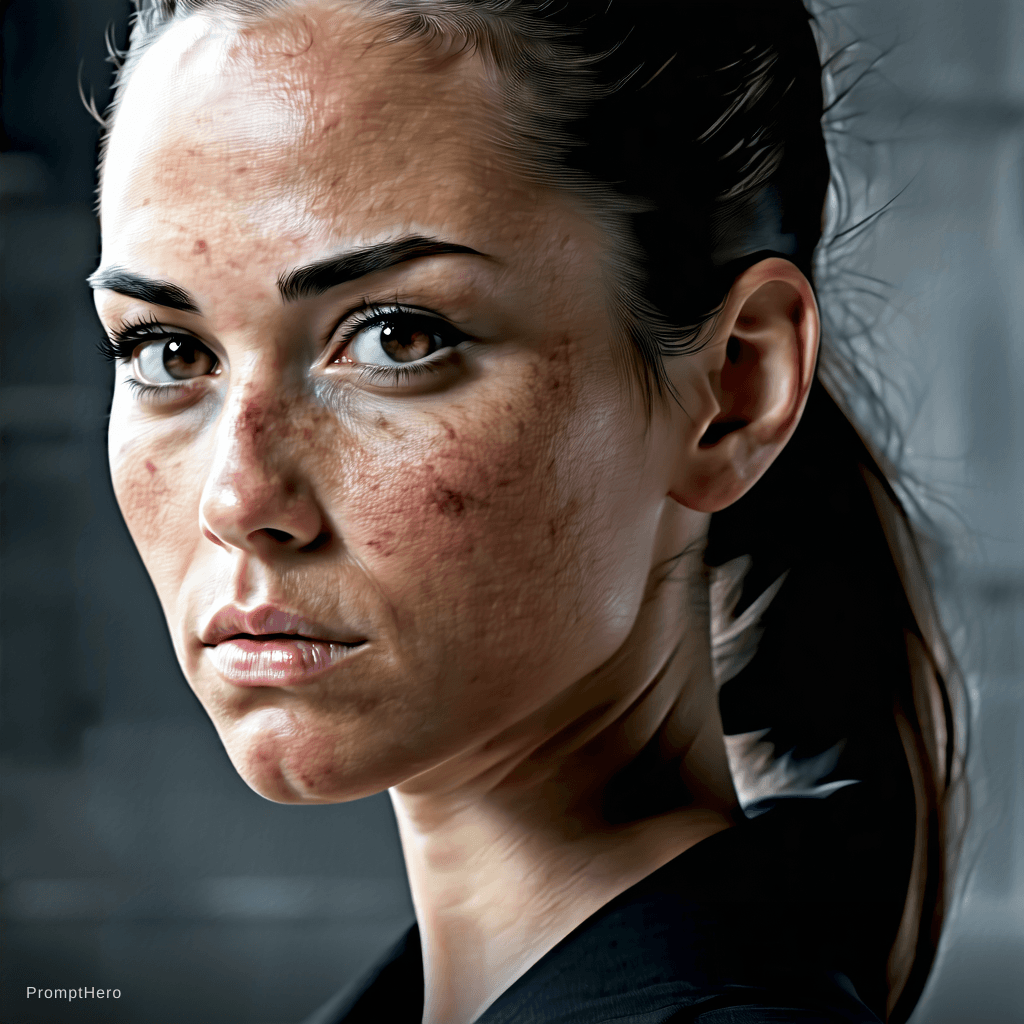 AI generated: hyper-realistic identity anchor portrait of a female action-movie lead (late 20s–early 30s), athleti...
