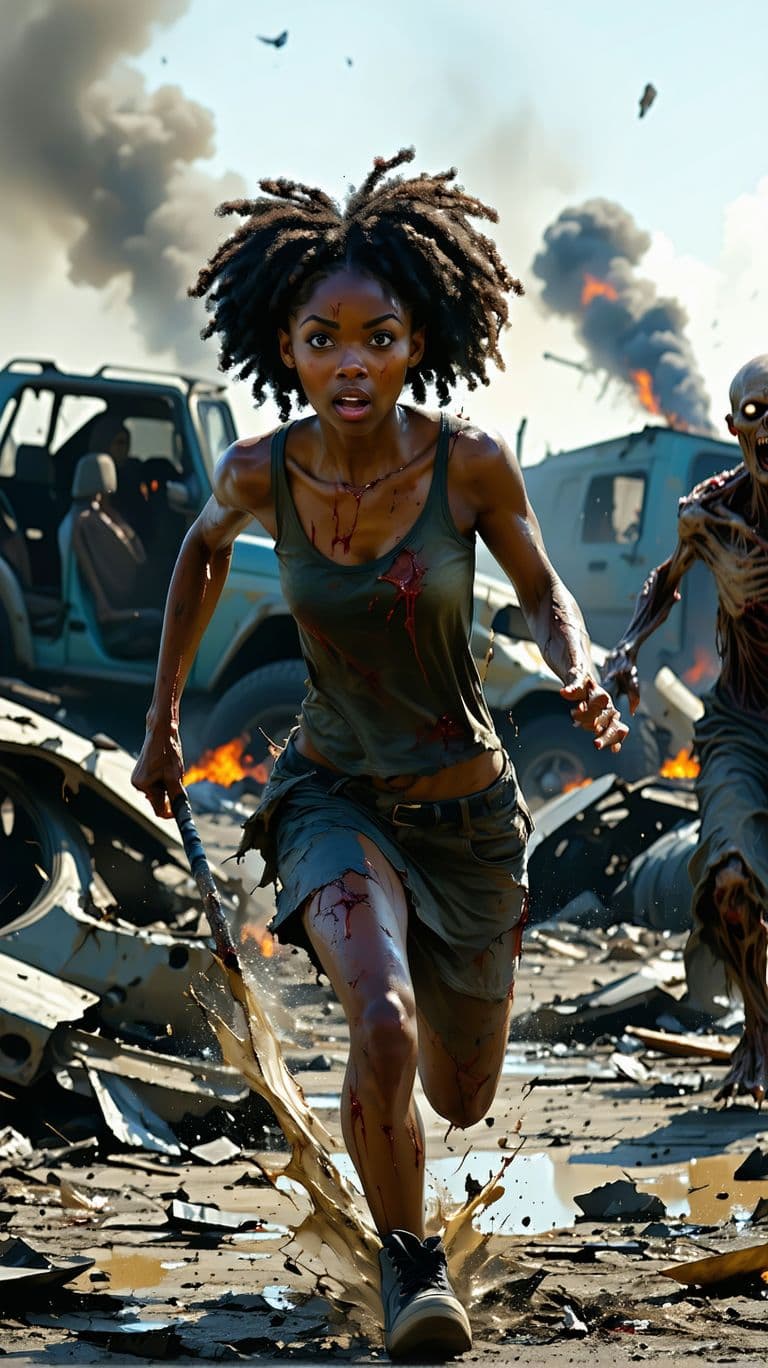 AI generated: On the junkyard, smoke in the background, and zombies. A very young black woman running with destroy...