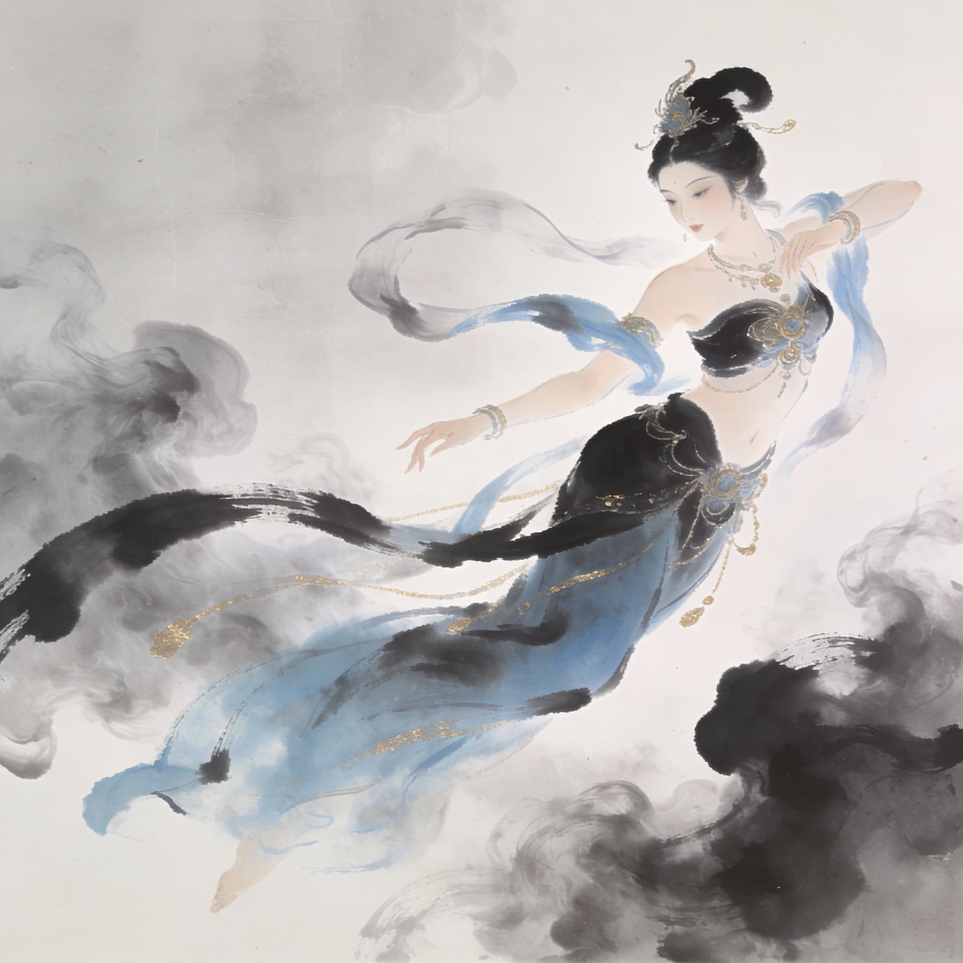 AI generated: a woman's form floating across an image with smoke, in the style of ink wash paintings, graceful cur...
