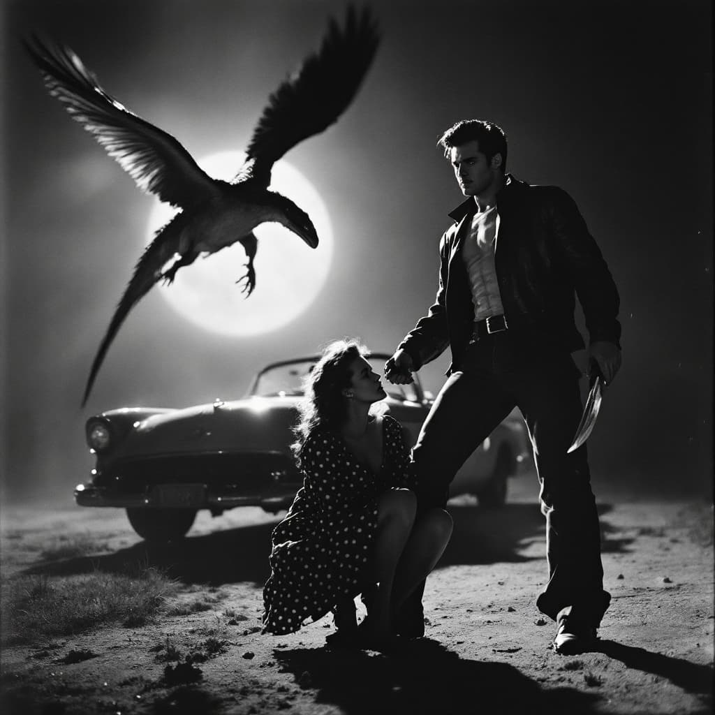 AI generated: "Depict a dramatic black-and-white 1950s action movie scene, photographed in the style of vintage fi...