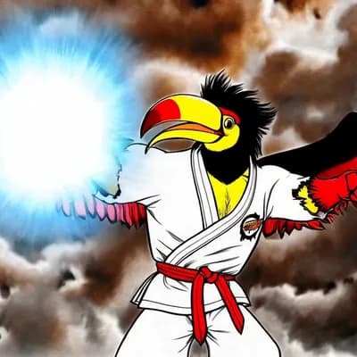 AI generated video: 
A dramatic, stylized painting of a toucan dressed as Ryu from Street Fighter IV, facing the camera...
