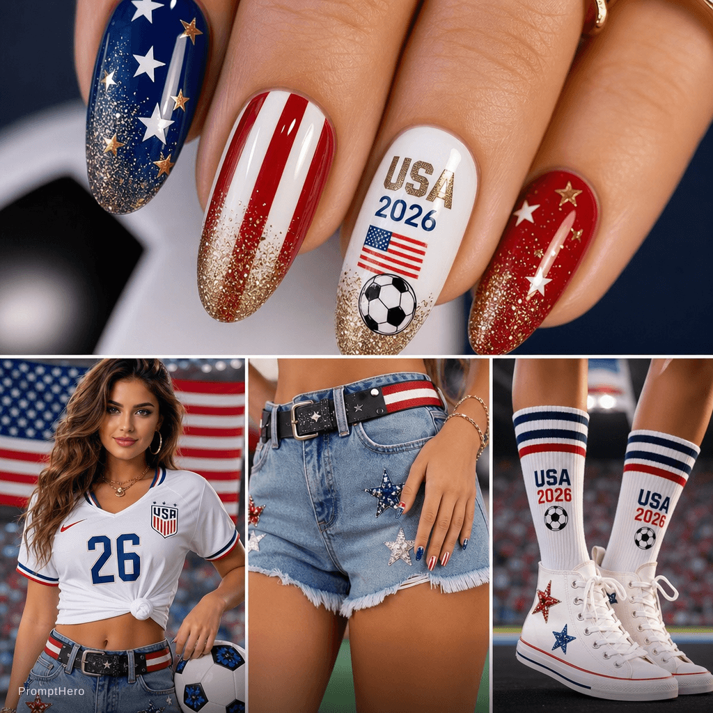 AI generated: A close-up macro photo of elegant nail art for FIFA World Cup 2026. Nails painted in red, white and ...