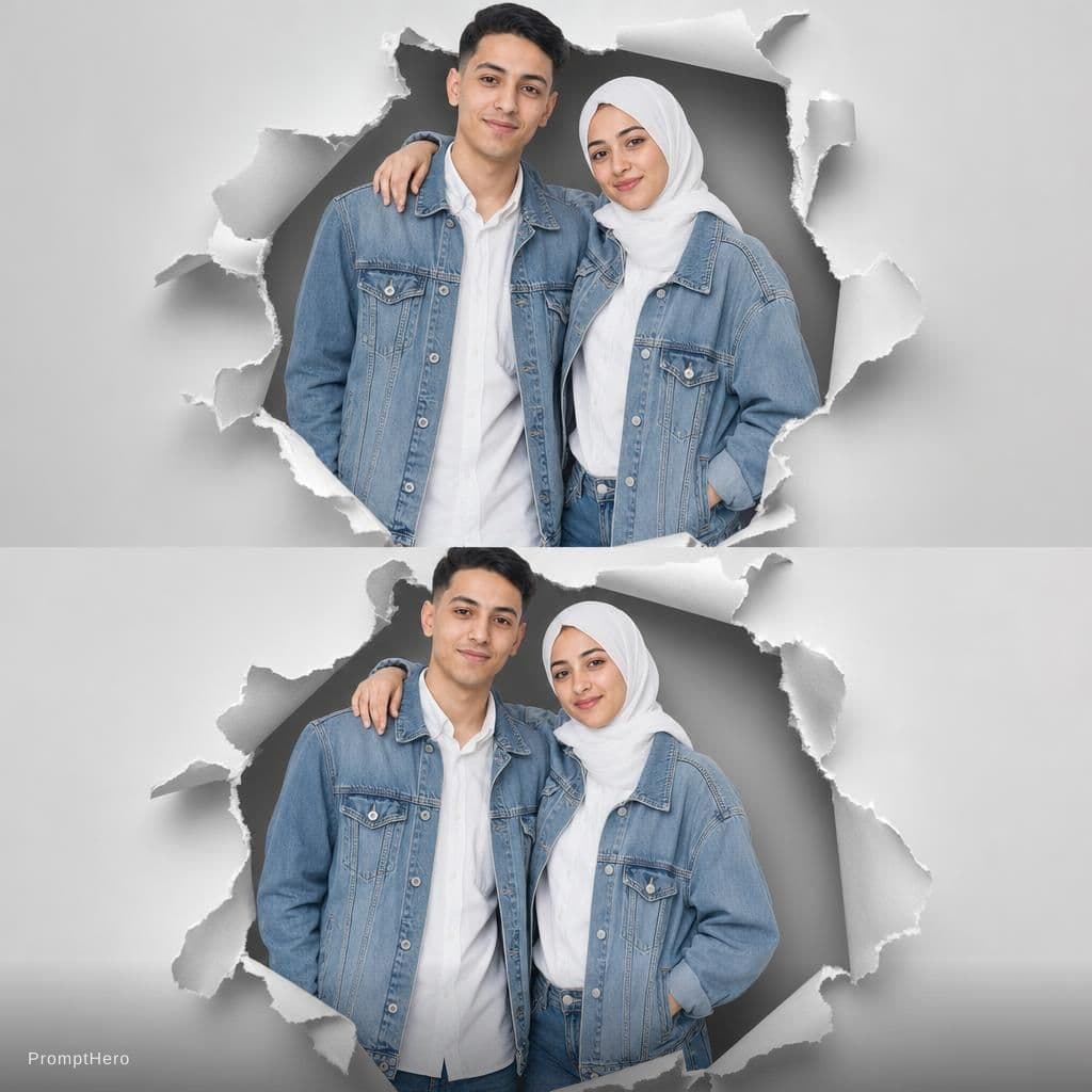 AI generated: Two Moroccan couple portraits, half-body view, emerging from realistic torn paper holes on a light g...