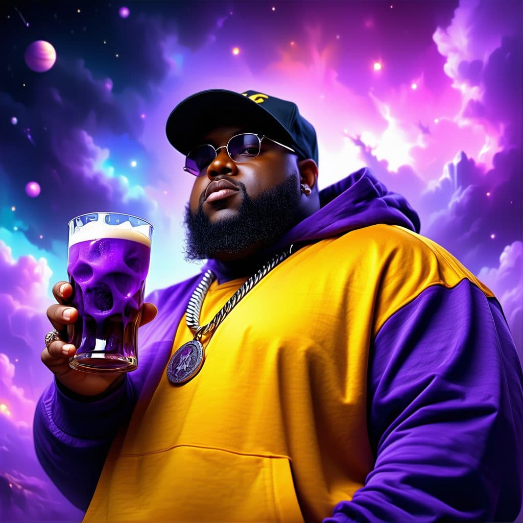 AI generated: Obese american rapper holding a pint full of purple liquid taking over the universe, heavenly imager...