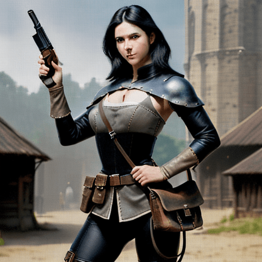 AI generated: gun in hand, medieval, engineer, leather jerkin, renaissance, Pouch over shulder, bag over shulder, ...