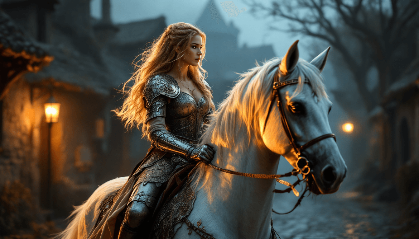 AI generated: /imagine prompt: A stunning photorealistic portrait of a golden-haired woman on a white warhorse, ca...