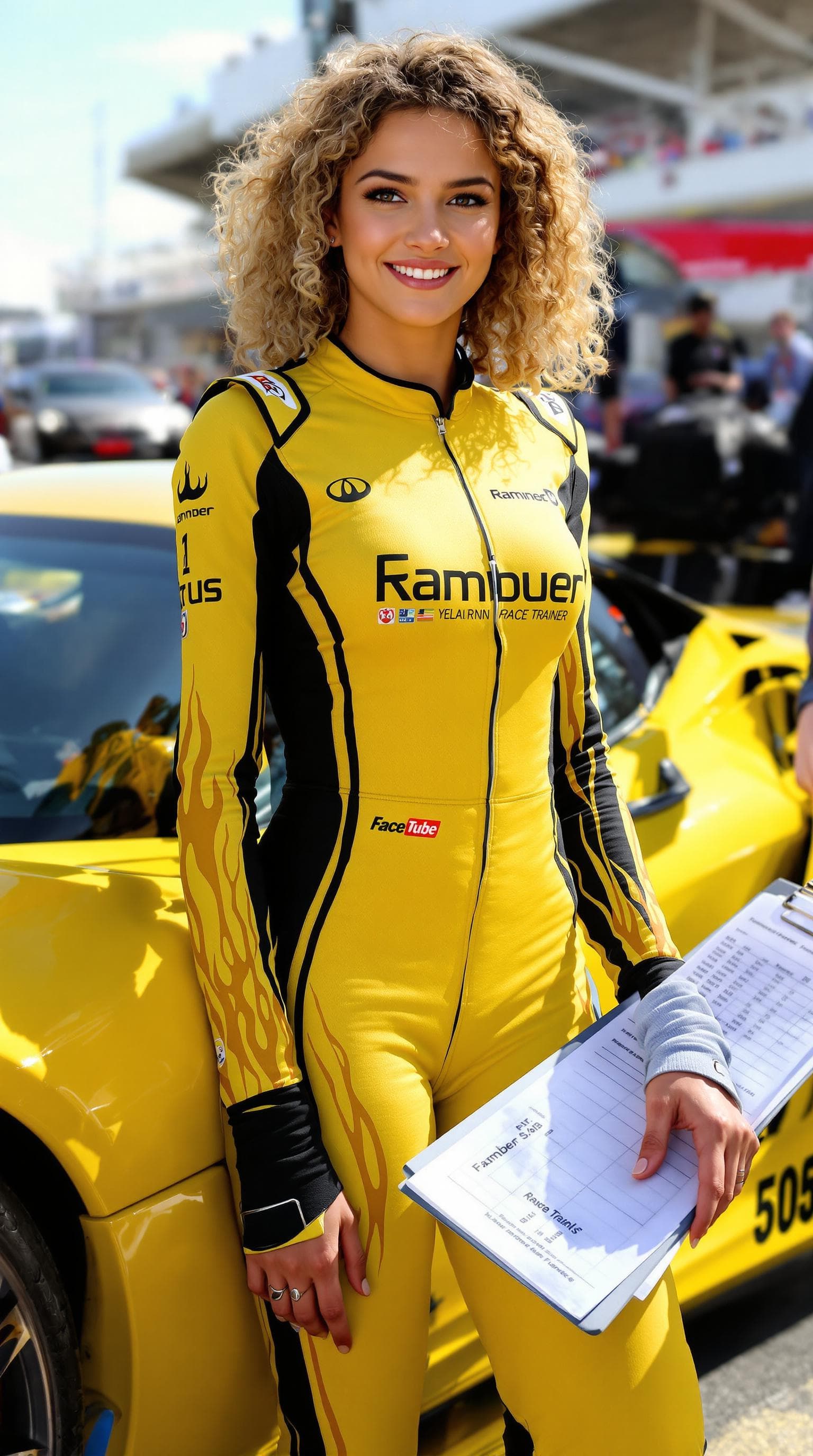 AI generated: A hyper-realistic young female race trainer inspired by Cruz Ramirez; fit and energetic with golden ...