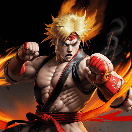 AI generated: Street fighter: Ken fighting at war, blond hair, red karate kimono, injured and dirty, ripped clothe...