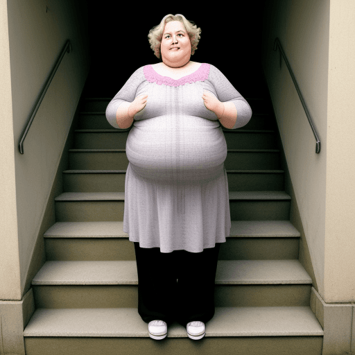 AI generated: Older fat woman Standing on stair