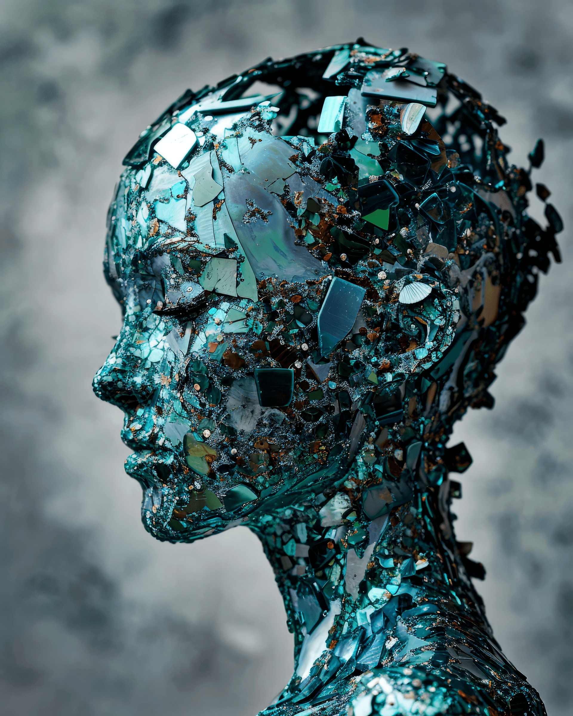 AI generated: the anatomy of a woman's head made of metalic teal domino pieces and shells, octopath traveler, vani...