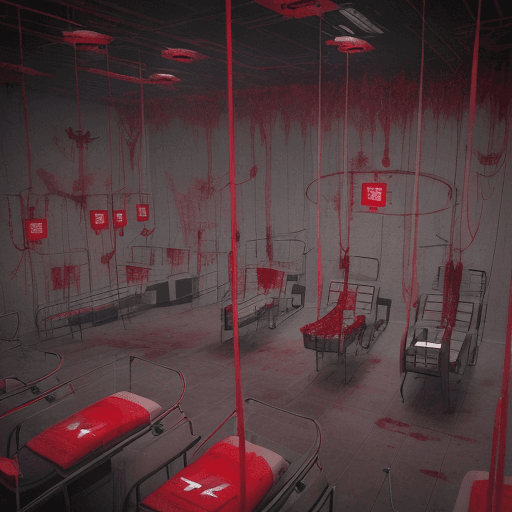 AI generated: dystopian illustration of a blood donation center. Six patients are hanging from the ceiling. The bo...