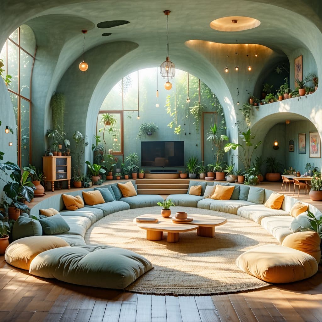 AI generated: High resolution photography interior design, dreamy sunken living room conversation pit, wooden floo...