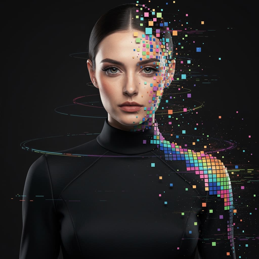 AI generated: portrait of a woman, front shot, gaze, avant-garde styled, wearing a minimalist black wear, features...
