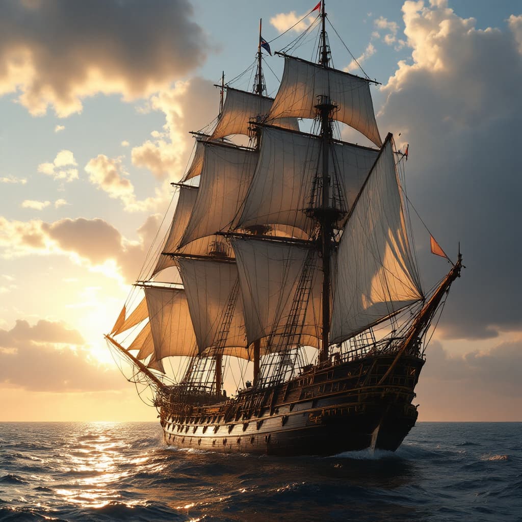AI generated: Photo of a ultra realistic sailing ship, dramatic light, pale sunrise, cinematic lighting, battered,...