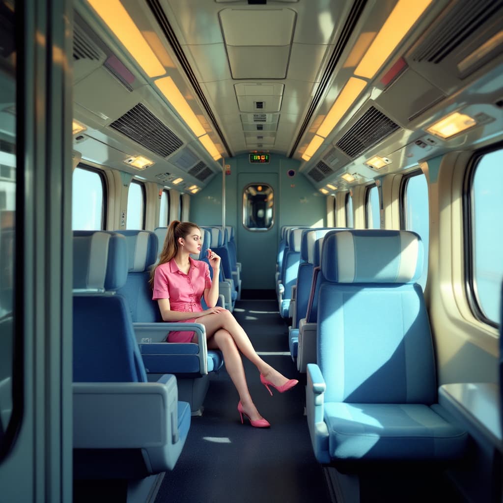 AI generated: a beautiful Wes Anderson style image of a bullet train interior with rotating seats, pertty female.