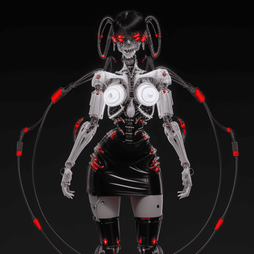 AI generated: full body of cyborg lady, cybernetic jaw, mechanical parts, white shirt, unbottoned, black latex ski...