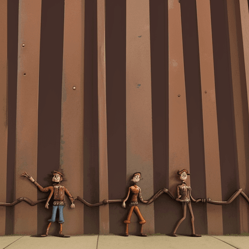 AI generated: I need a high-detailed pixar style cartoon of a long, tall rusty thick Iron slat wall with no gaps d...