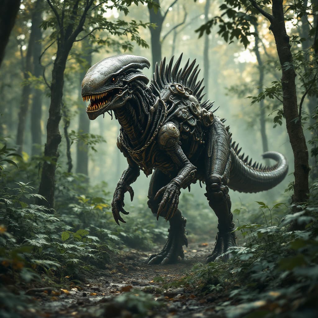 AI generated: Alien xenomorph dinosaur walking in forest, steampunk 