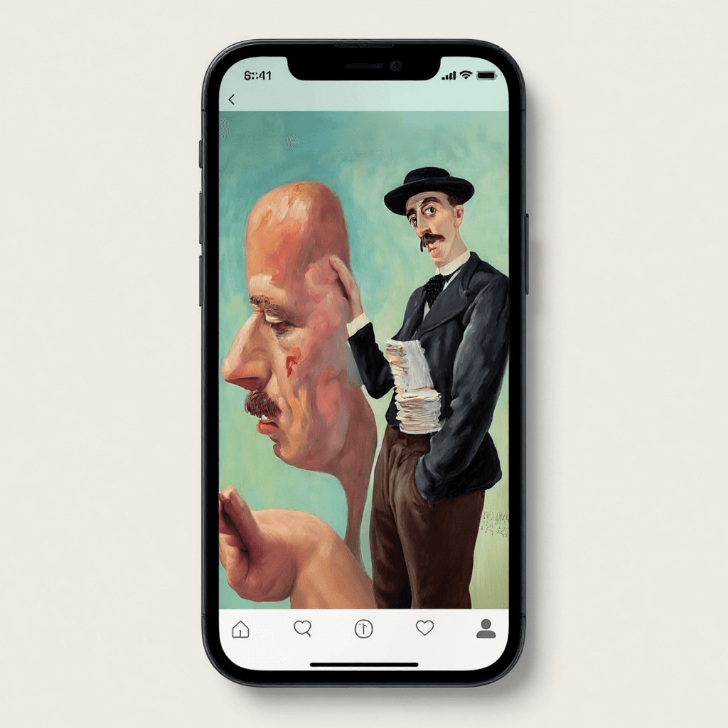 AI generated: The character wearing the top hat in this artwork scrolling on a mobile phone that contains a vertic...