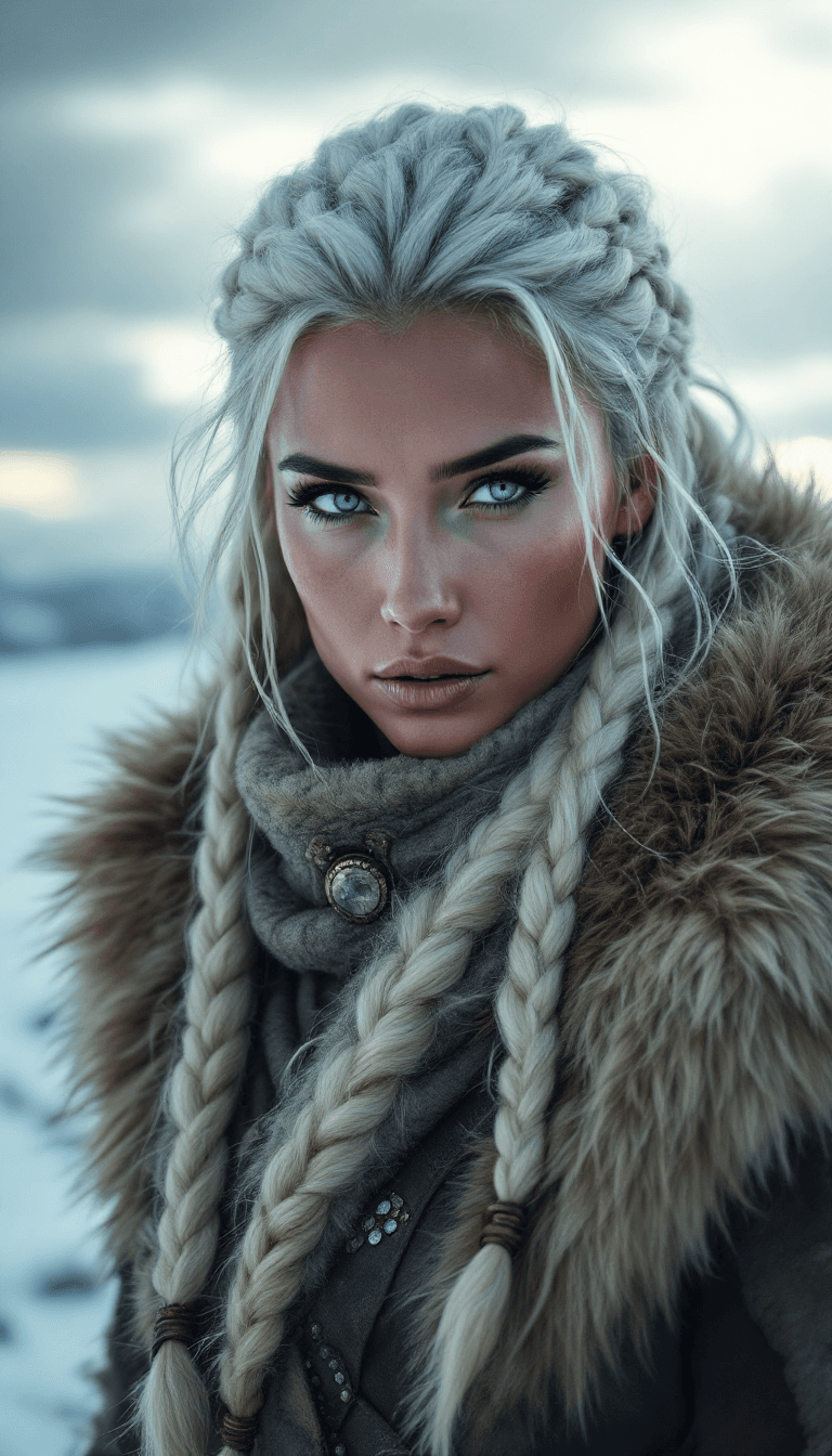 AI generated: A resilient woman with long, braided platinum blonde hair, wrapped in warm furs. Her eyes are pierci...