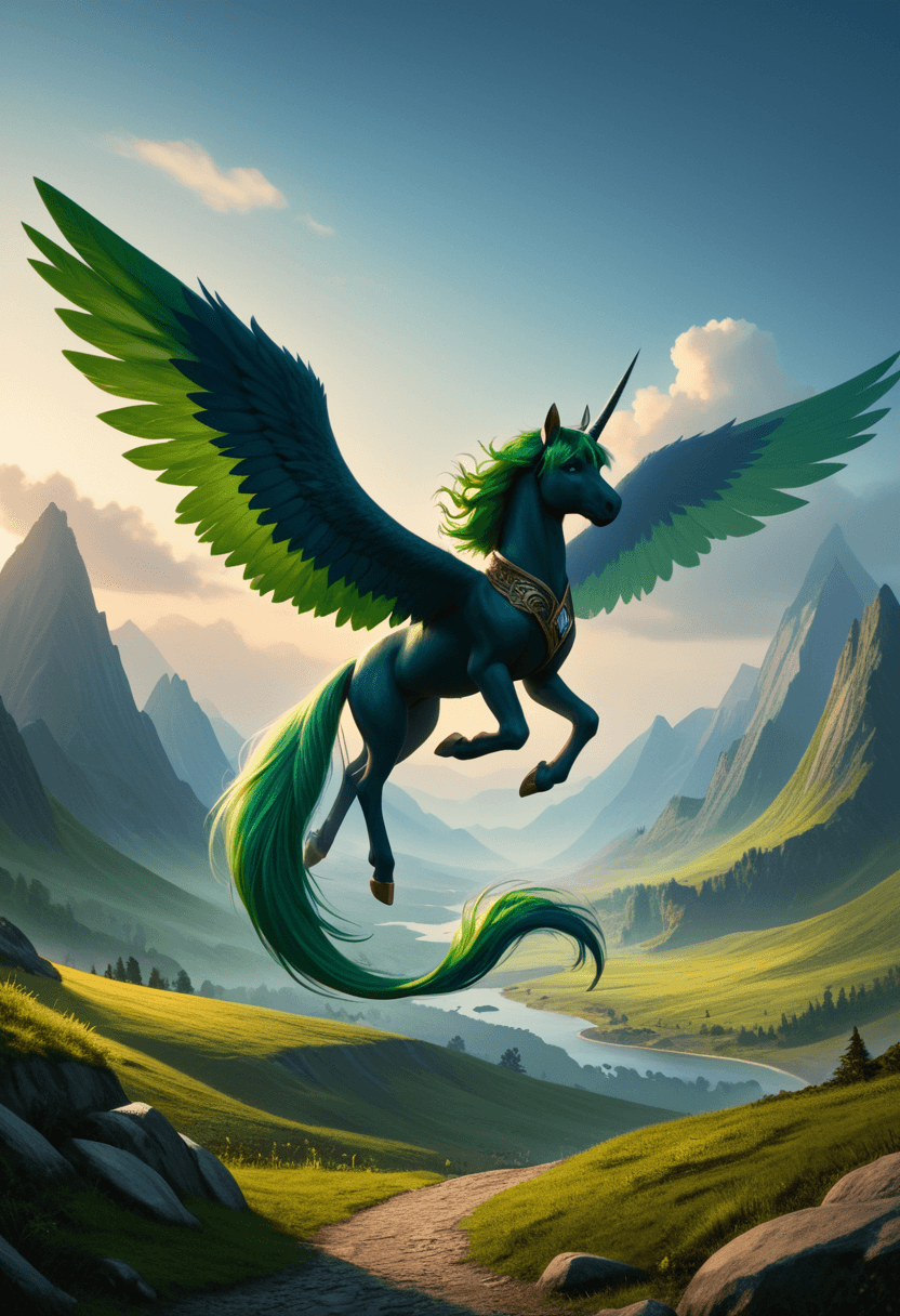AI generated: Strong alicorn,dark blue hair with green mane and tail,dynamic colors,fantasy landscape setting,high...