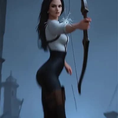 AI generated video: ,she turns and fires the arrow directly at the camera. The camera lens shatters and she blows a kiss