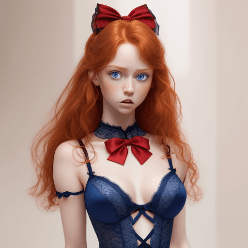 AI generated: Hyper realistic, young female lace bodysuit model , ginger hair, l, medium hair, blue eyes, hair bow...