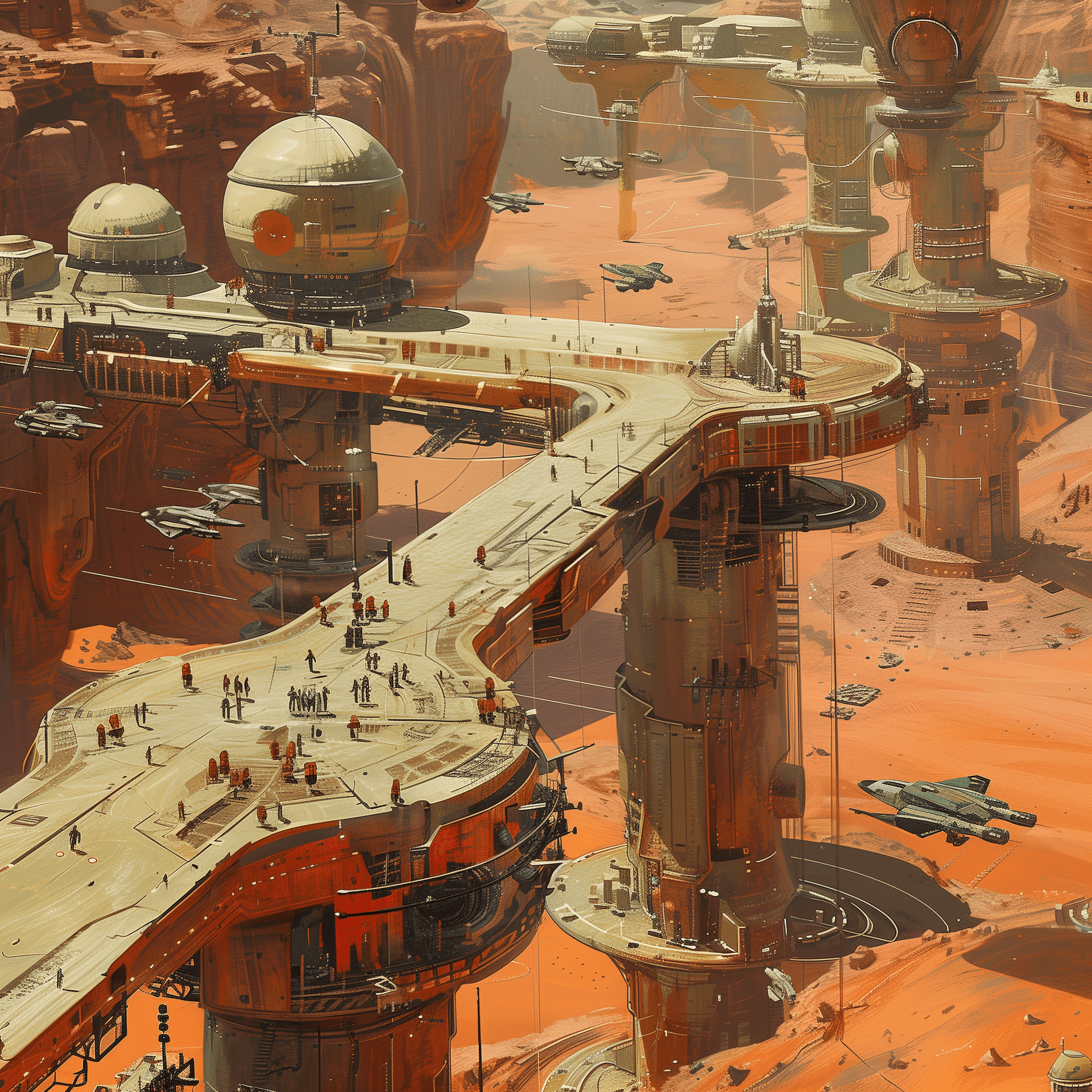 AI generated: In the style of JeanClaude Mézières, a futuristic base on a planet orbit with spaceships docked to i...